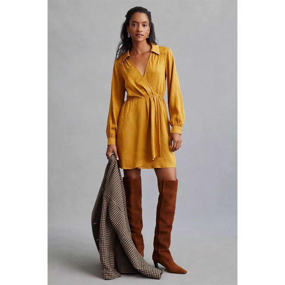 Anthropologie Gold Jacquard Leopard Print Midi Dress Size Medium Boho Glam